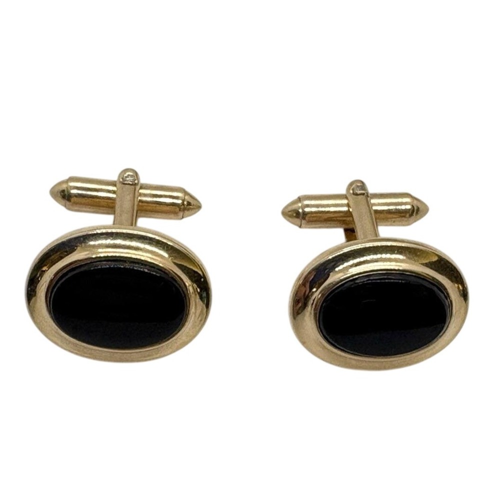Vintage Hadley USA 12K Yellow Gold Filled Oval Black Onyx Bullet Back Cufflinks‎